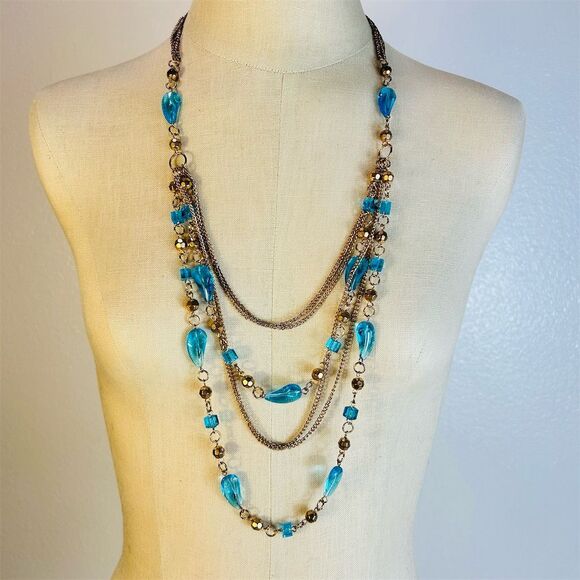 Layered Gold Tone Necklace with Blue Acrylic Gems 36" Adjustable - Picture 1 of 3